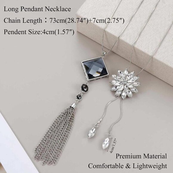 6pcs-long-pendant-necklaces-  Women Long Sweater Necklaces Set Rhinestone Tassel Flower Alloy Jewelry